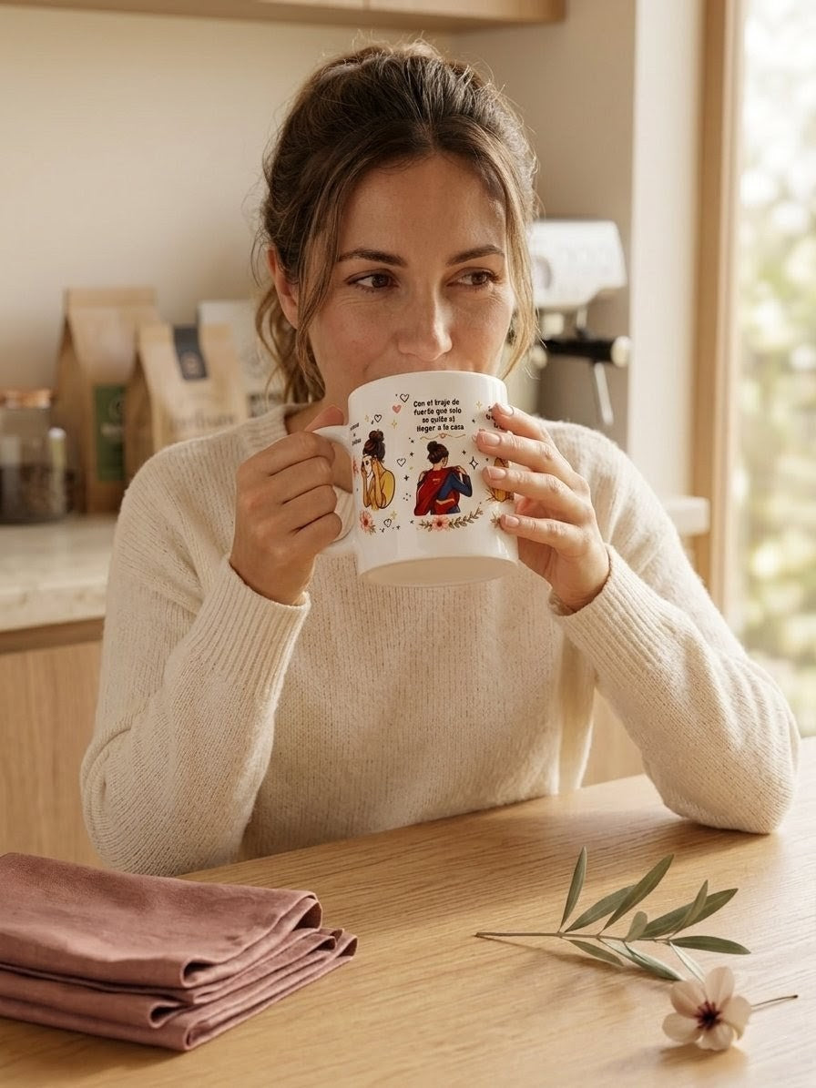 Taza "Mamá Superhéroe" — Con el traje más fuerte ☕🦸‍♀️